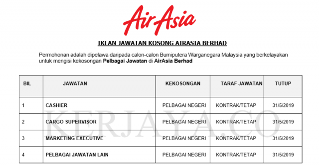AirAsia Berhad ~ Pelbagai Kekosongan Jawatan