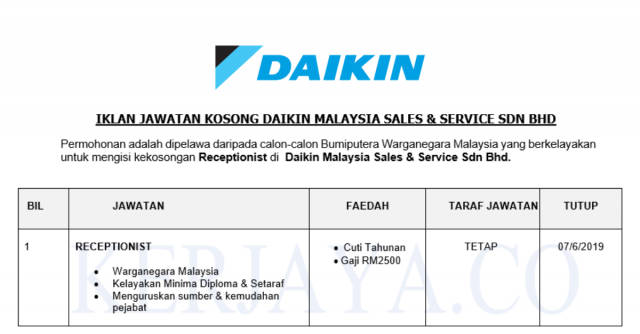 Daikin Malaysia Sales & Service ~ Receptionist
