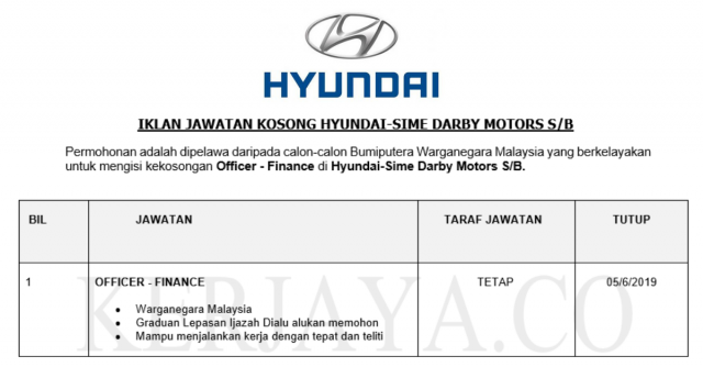 Hyundai-Sime Darby ~ Officer – Finance