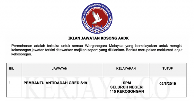 AADK/KDN ~ 115 Kekosongan Agensi Antidadah Kebangsaan 2019