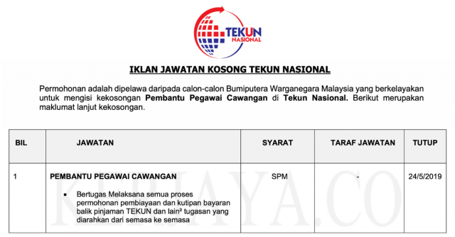 Tekun Nasional / Kekosongan Pembantu Pegawai Cawangan Gred SPM