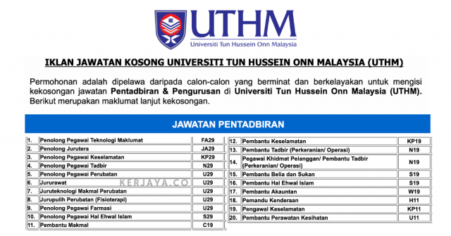 Universiti Tun Hussein Onn Malaysia (UTHM) ~ Kekosongan Jawatan Pentadbiran & Pengurusan 2019