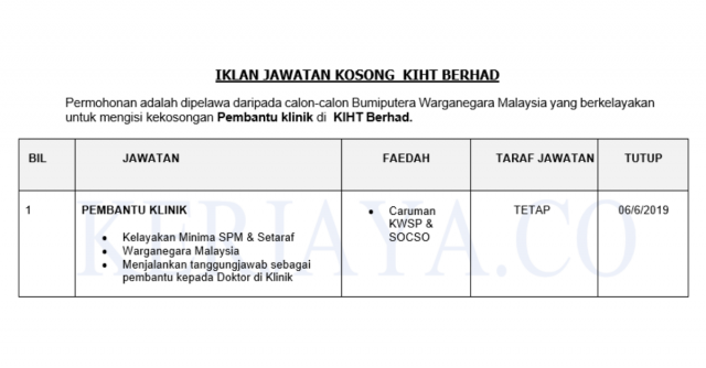 KIHT Berhad ~ Pembantu Klinik