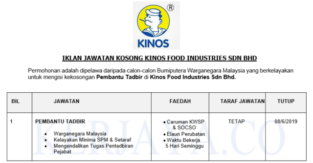 Kinos Food Industries ~ Pembantu Tadbir