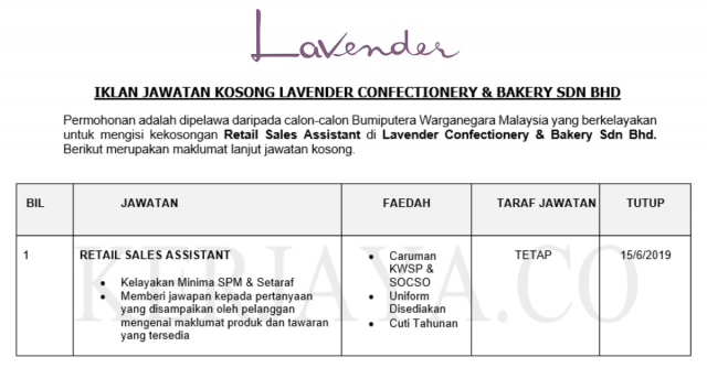 Lavender Confectionery & Bakery ~ Retail Sales Assistant