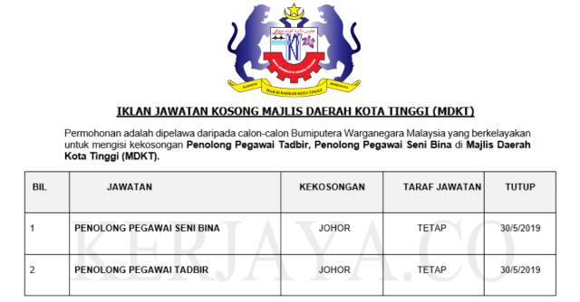 Majlis Daerah Kota Tinggi (MDKT) ~ Penolong Pegawai Tadbir& Penolong Pegawai Seni Bina