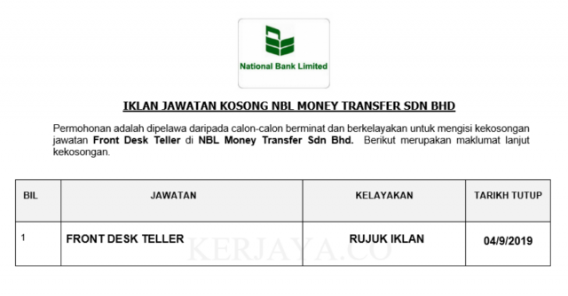 NBL Money Transfer ~ Front Desk Teller