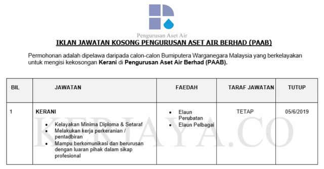 Pengurusan Aset Air Berhad (PAAB) ~ Kerani