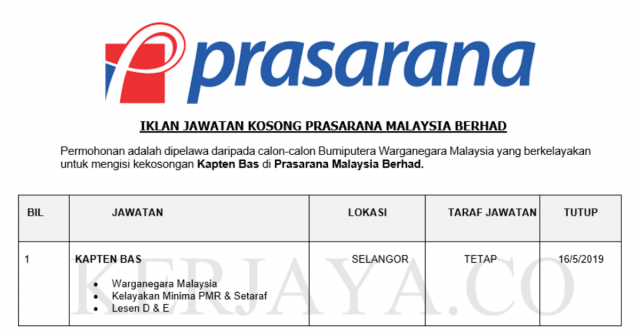 Temuduga Terbuka Prasarana Malaysia Berhad ~ Kapten Bas