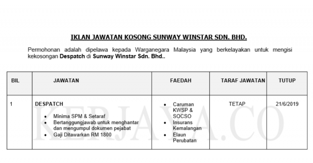 Sunway Winstar ~ Despatch