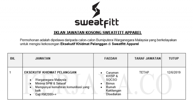 Sweatfitt Apparel ~ Eksekutif Khidmat Pelanggan