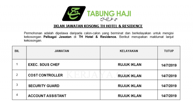 Tabung Haji Hotel & Residence ~ Kekosongan Baru Pelbagai Jawatan