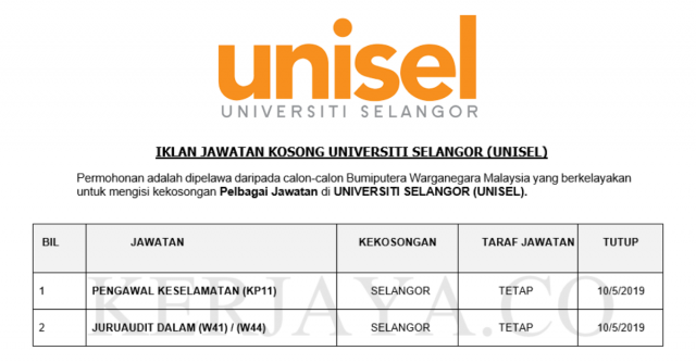 Universiti Selangor (UNISEL) ~ Pengawal Keselamatan & JuruAudit Dalam