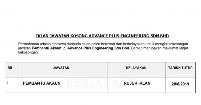 Advance Plus Engineering ~ Pembantu Akaun