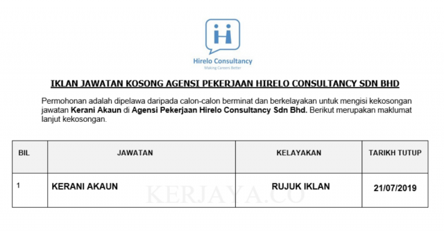 Agensi Pekerjaan Hirelo Consultancy ~ Kerani Akaun