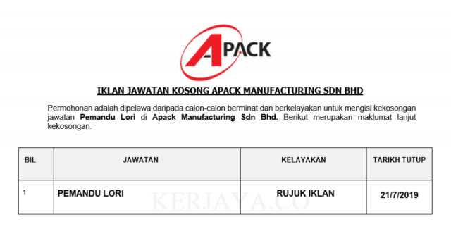 Apack Manufacturing ~ Pemandu Lori