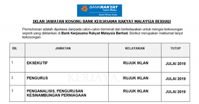 Permohonan Bank Rakyat ~ Eksekutif, Pengurus & Pelbagai Jawatan Lain di Buka