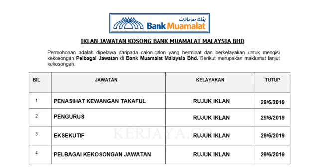 Bank Muamalat Malaysia ~ Penasihat Kewangan Takaful, Eksekutif & Pelbagai Jawatan Lain