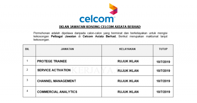 Celcom Axiata Berhad ~ Protege Trainee, Channel Management, Service Activation & DLL