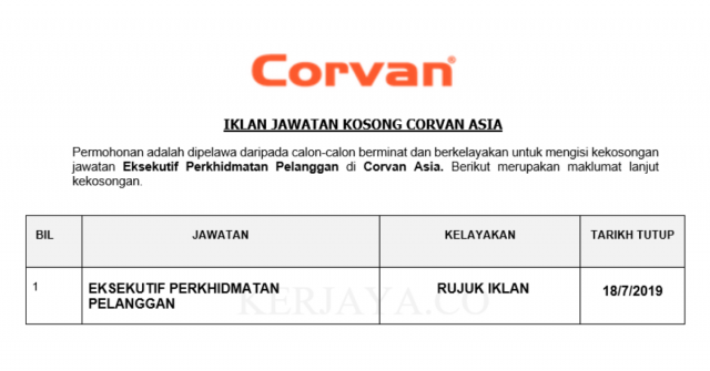 Corvan Asia ~ Eksekutif Perkhidmatan Pelanggan