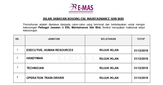 ERL Maintenance Support ~ Executive , Human Resources, Operation Train Driver & Pelbagai Jawatan Lain