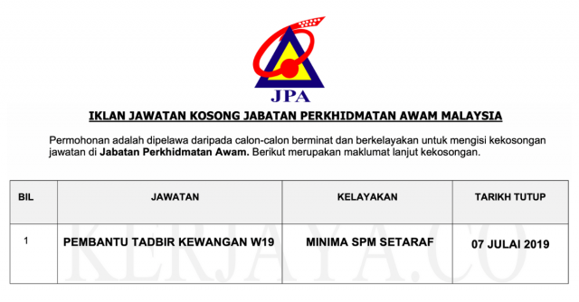 Iklan Jawatan Pembantu Tadbir Taraf SPM Jabatan Perkhidmatan Awam Malaysia (JPA Malaysia) 2019