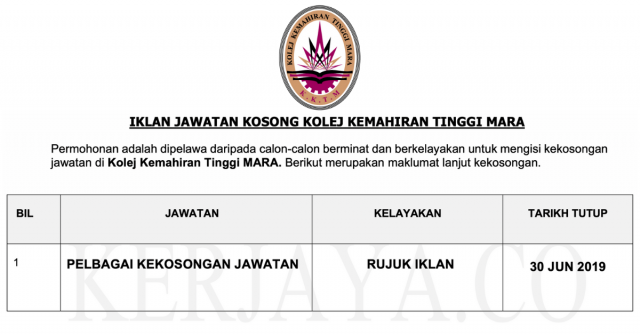 Kolej Kemahiran Tinggi MARA ~ Pelbagai Kekosongan Jawatan 2019