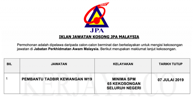 Pembantu Tadbir Kewangan W19 JPA ~ Kelayakan SPM/65 Kekosongan Seluruh Negeri