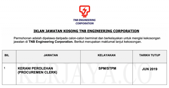 Kerani Perolehan TNB Engineering Corporation (Procurement Clerk)