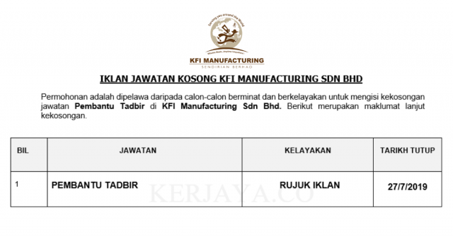 KFI Manufacturing ~ Pembantu Tadbir