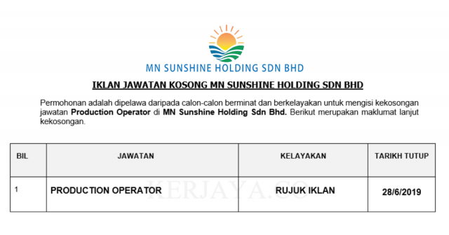 MN Sunshine Holding ~ Production Operator