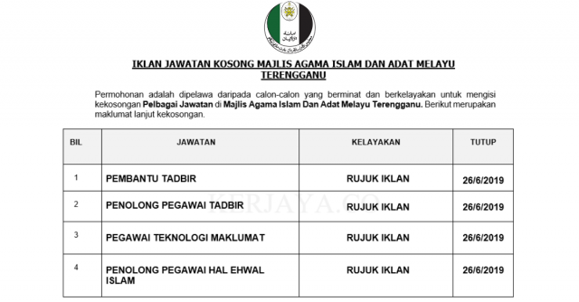Majlis Agama Islam Dan Adat Melayu Terengganu ~ Pembantu Tadbir, Penolong Pegawai Tadbir & DLL