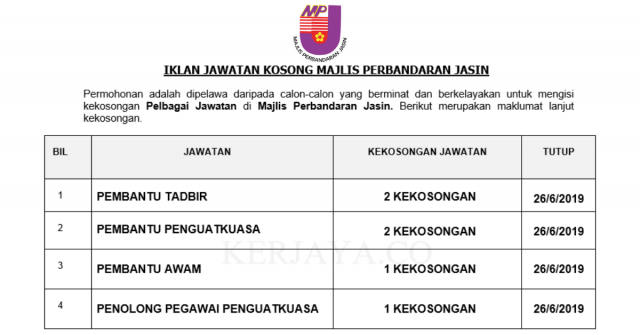 Majlis Perbandaran Jasin ~ Pembantu Tadbir, Pembantu Awam, Pembantu Penguatkuasa  & DLL Jawatan