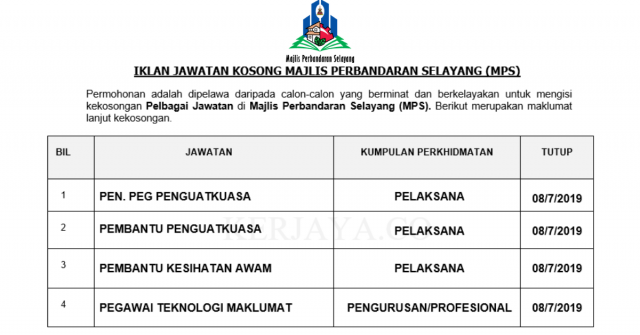 Majlis Perbandaran Selayang (MPS) ~ Pembantu Penguatkuasa, Pembantu Kesihatan Awam, Pegawai Teknologi Maklumat & DLL Jawatan