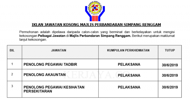 Majlis Perbandaran Simpang Renggam ~ Penolong Pegawai Tadbir, Penolong Akauntan & Penolong Pegawai Kesihatan Persekitaran