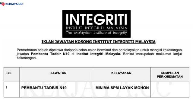 Pembantu Tadbir N19 di Institut Integriti Malaysia / SPM Tanpa Pengalaman Layak Mohon