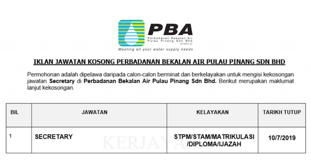 Perbadanan Bekalan Air Pulau Pinang ~ Secretary