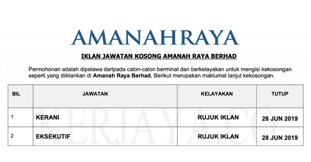 Permohonan Jawatan Kerani & Eksekutif di Amanah Raya Berhad (ARB) di Buka