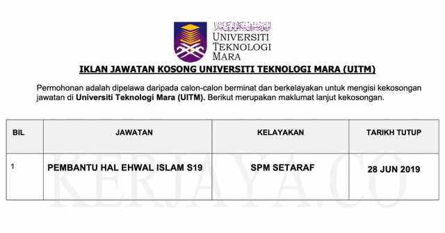 Universiti Teknologi Mara (UITM) ~ Kekosongan Pembantu Hal Ehwal Islam S19 Kelayakan SPM