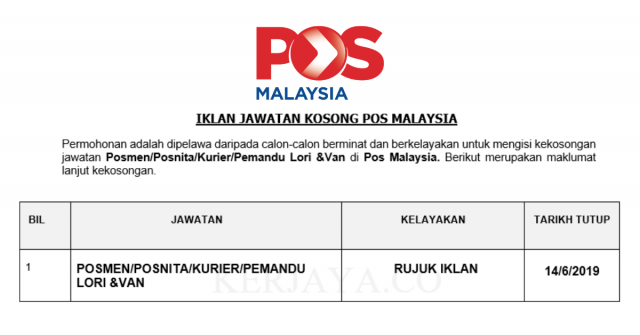 Pos Malaysia ~ Posmen/Posnita/Kurier & Pemandu Lori & Van