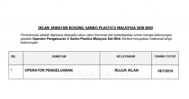 Sanko Plastics Malaysia ~ Operator Pengeluaran