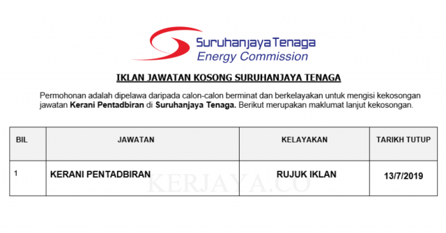 Suruhanjaya Tenaga ~ Kekosongan Jawatan Kerani Pentadbiran
