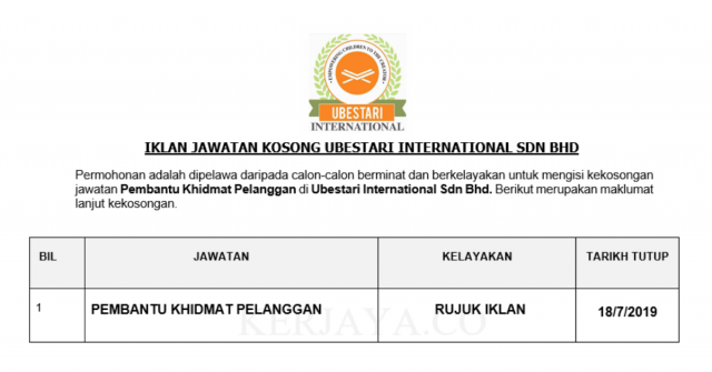 Ubestari International ~ Pembantu Khidmat Pelanggan