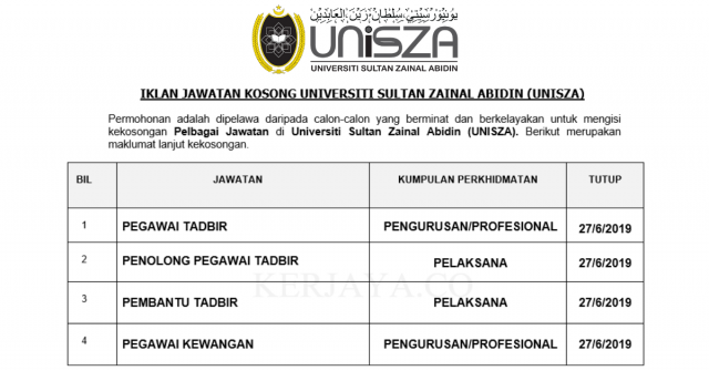 Iklan Jawatan Kosong Pekerja Sambilan Harian (PSH) UNISZA ~ Kekosongan Pegawai Tadbir, Penolong Pegawai Tadbir, Pembantu Tadbir & Pelbagai Jawatan Lain