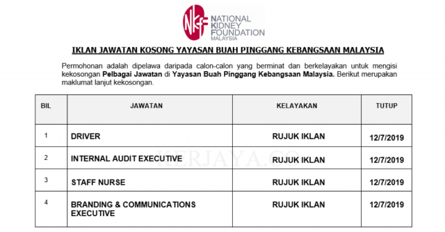 Yayasan Buah Pinggang Kebangsaan Malaysia ~ Driver, Staff Nurse & Pelbagai Jawatan Lain