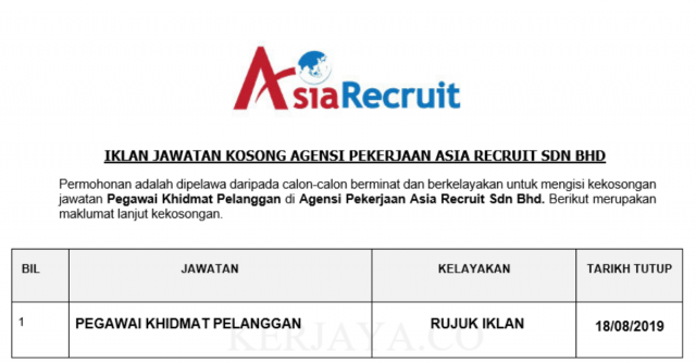 Agensi Pekerjaan Asia Recruit ~ Pegawai Khidmat Pelanggan