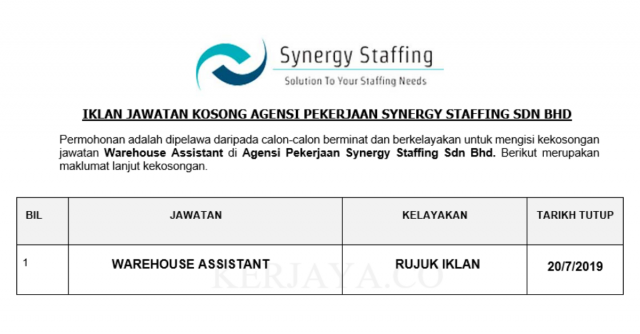 Agensi Pekerjaan Synergy Staffing ~ Warehouse Assistant