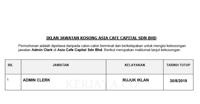 Asia Cafe Capital ~ Admin Clerk