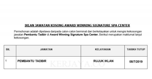 Award Winning Signature Spa Center ~ Pembantu Tadbir
