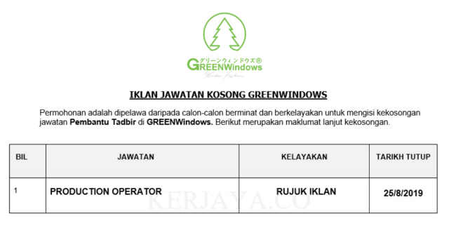 GREENWindows ~ Production Operator